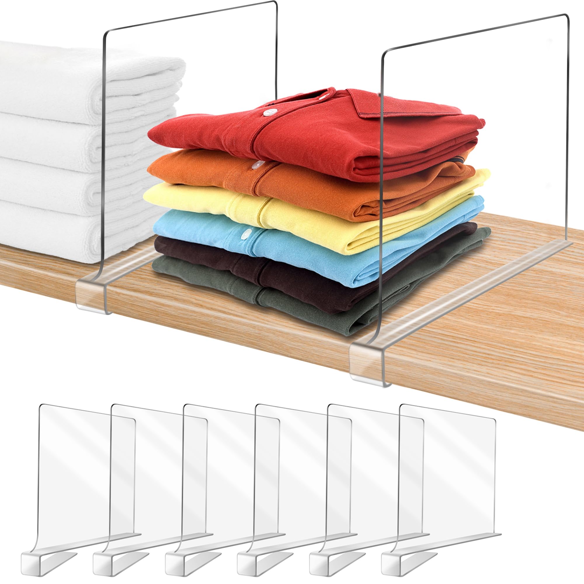 OMGelic clear shelf dividers front pack showing six dividers and neat storage benefit