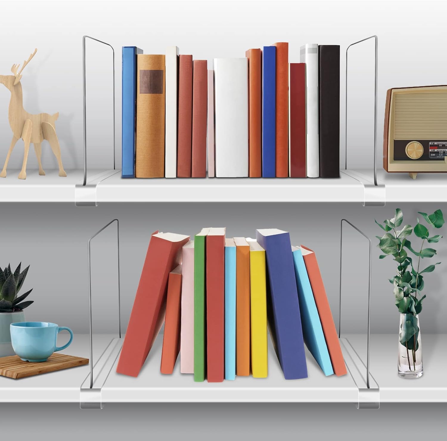 OMGelic divider on bookshelf keeping books upright for improved visibility