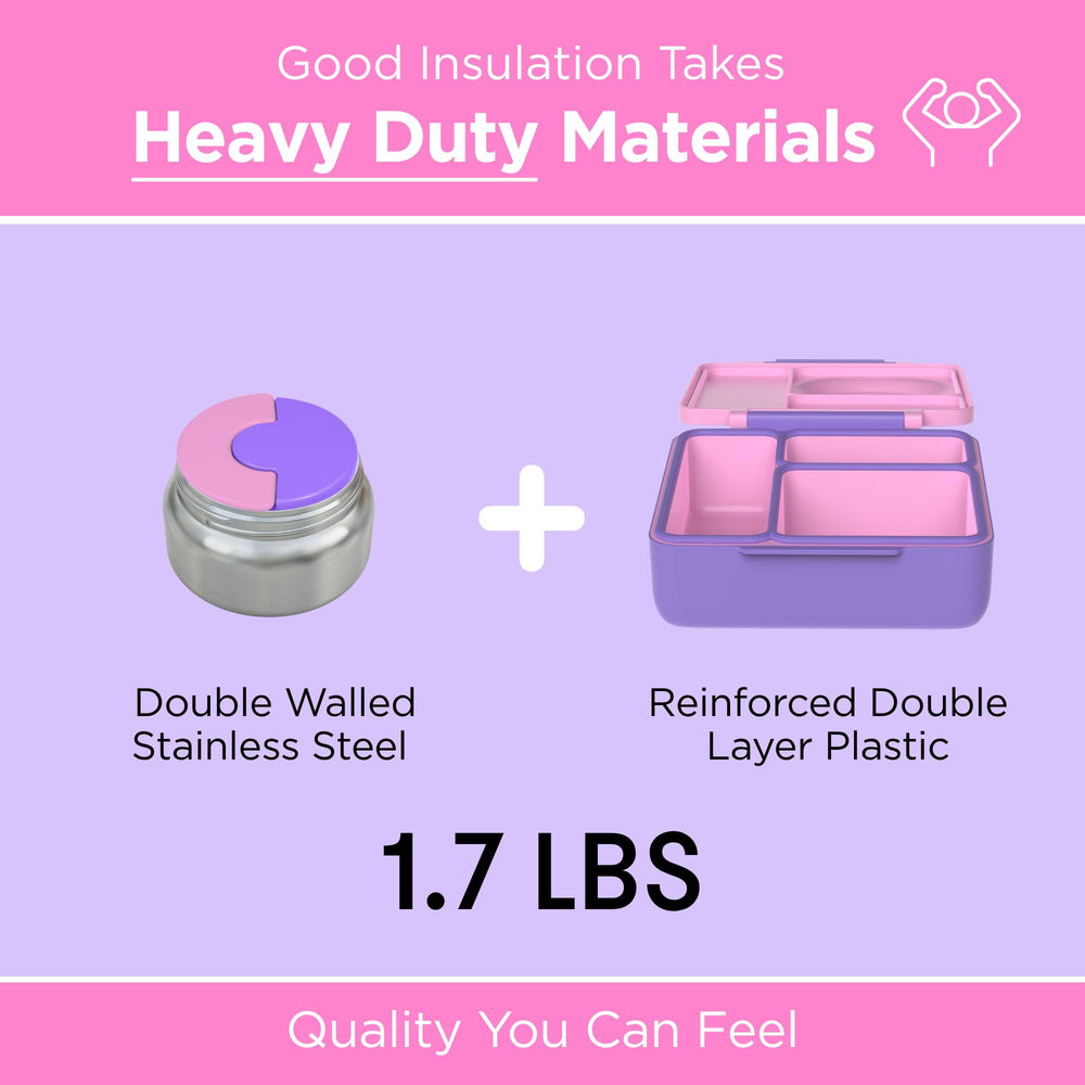 Omie OmieBox Unicorn Pink packed with warm pasta and fresh fruit illustrating separate temperatures