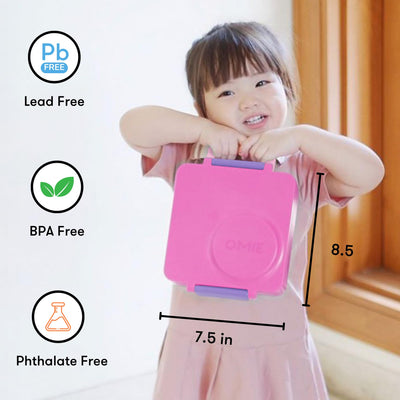 Omie OmieBox Unicorn Pink placed next to a backpack to show school-ready lifestyle benefit
