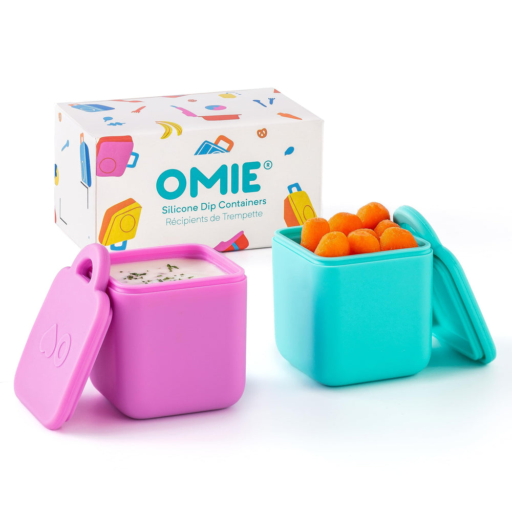 Omie OmieDip pack frontal mostrando colores rosa y verde azulado, transporte seguro