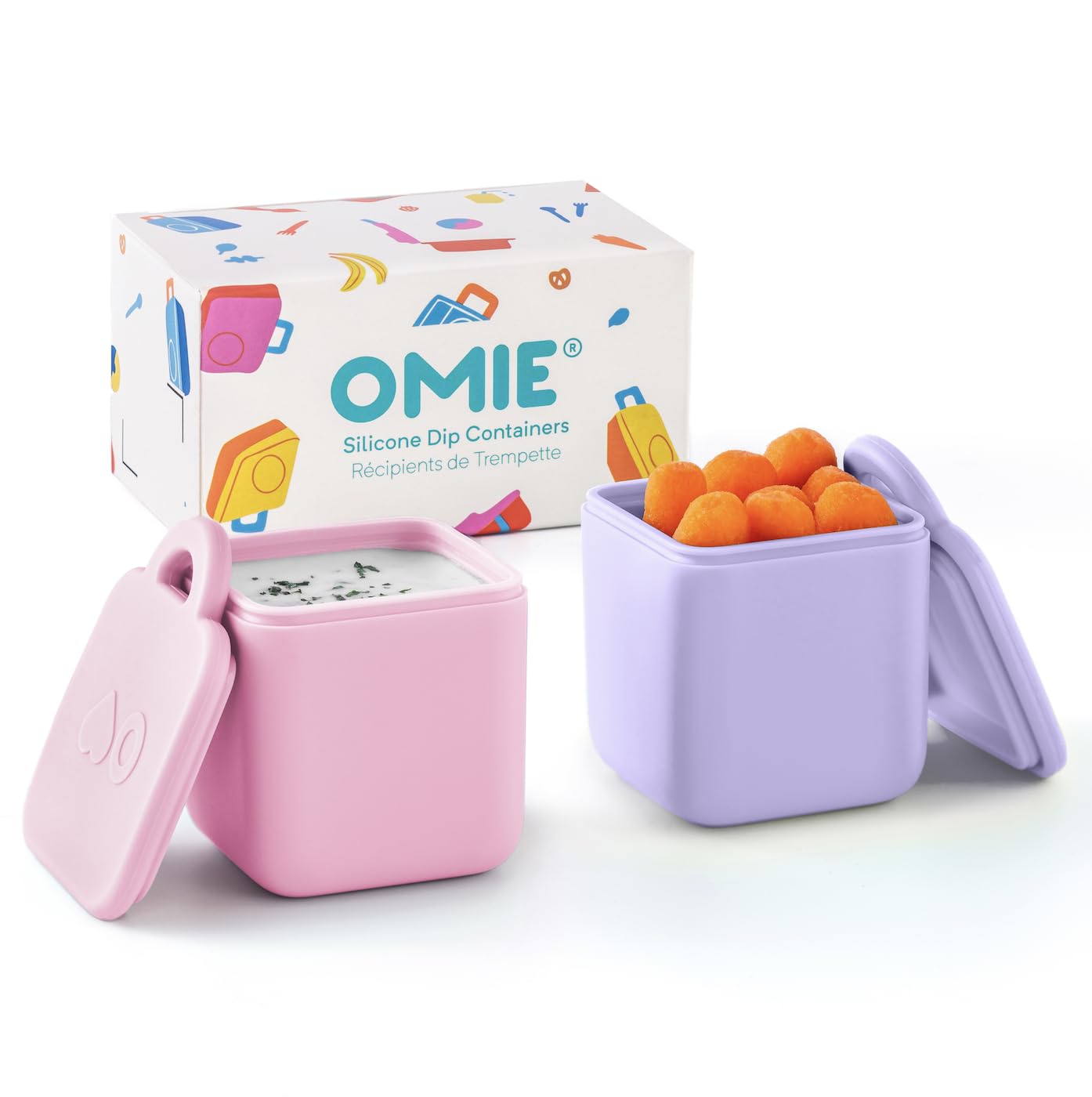 Omie OmieDip vista frontal con tapas, muestra hermeticidad y colores