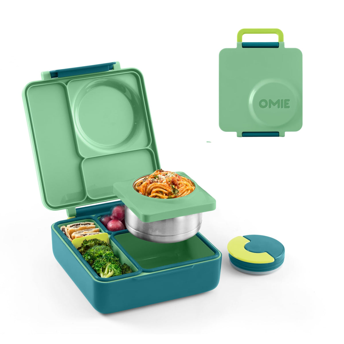 Omie OmieBox vista frontal mostrando colores meadow y cierre seguro