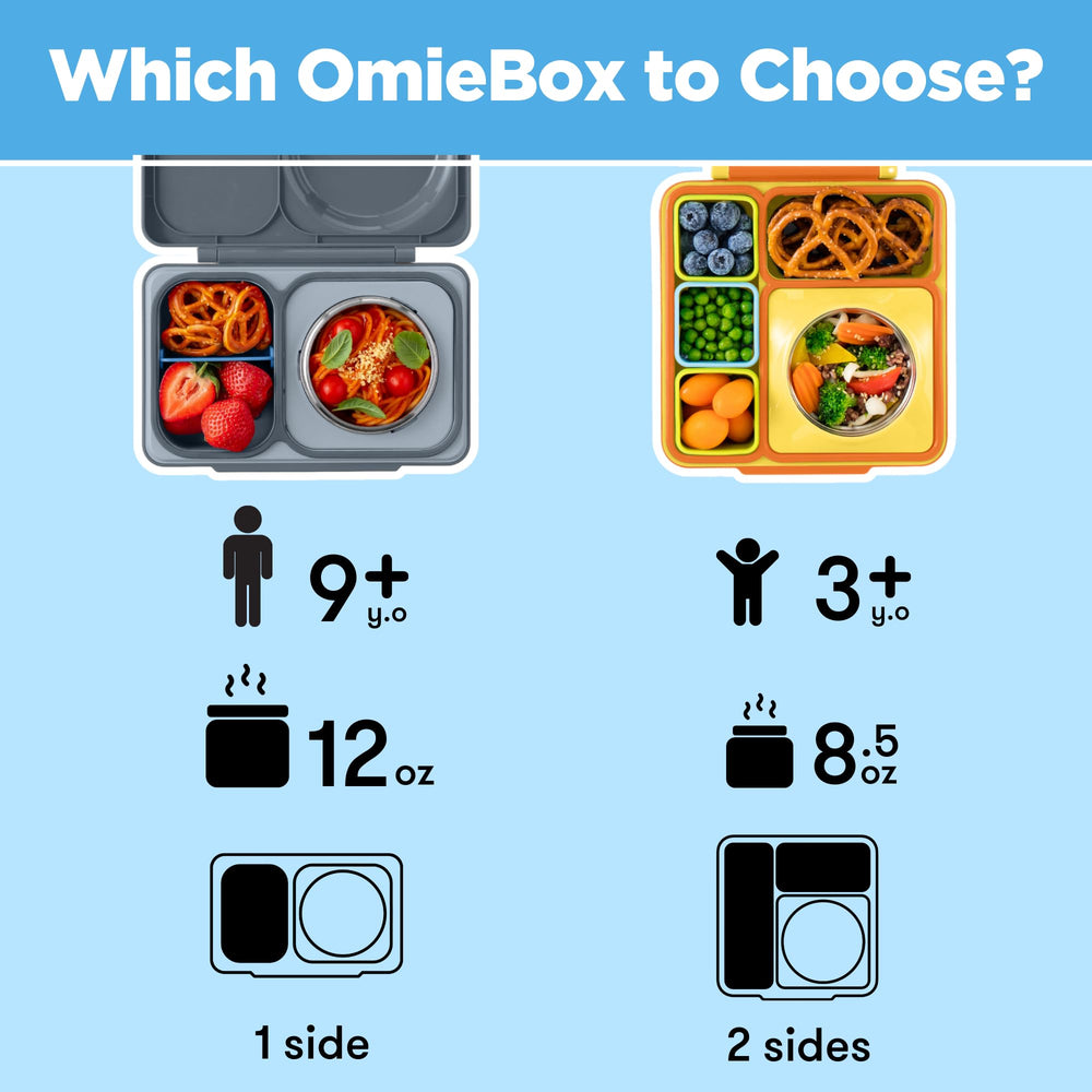 Omie OmieBox UP held in hand to show size and portability for school lunches