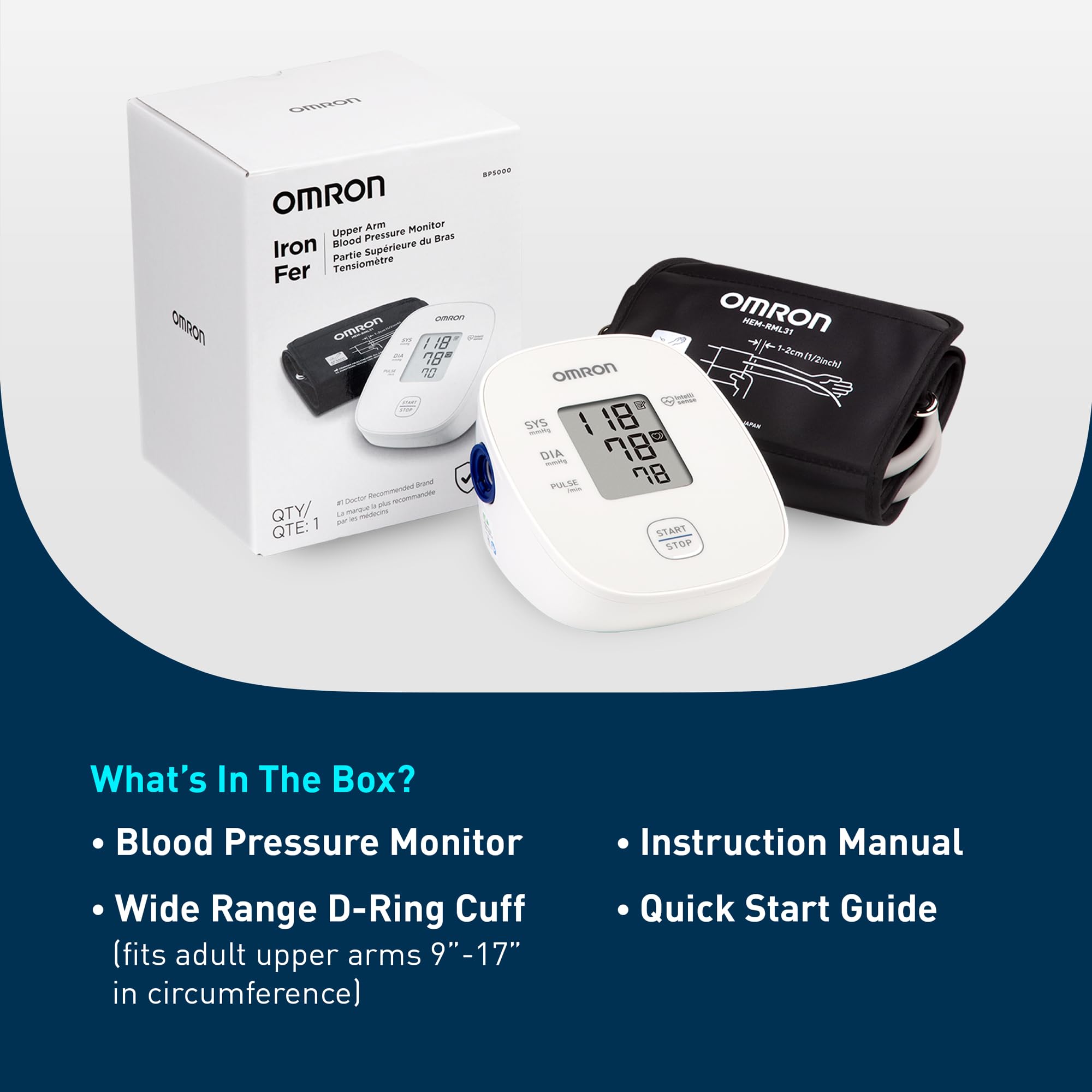 OMRON Iron comparado con mano para mostrar tamaño portátil