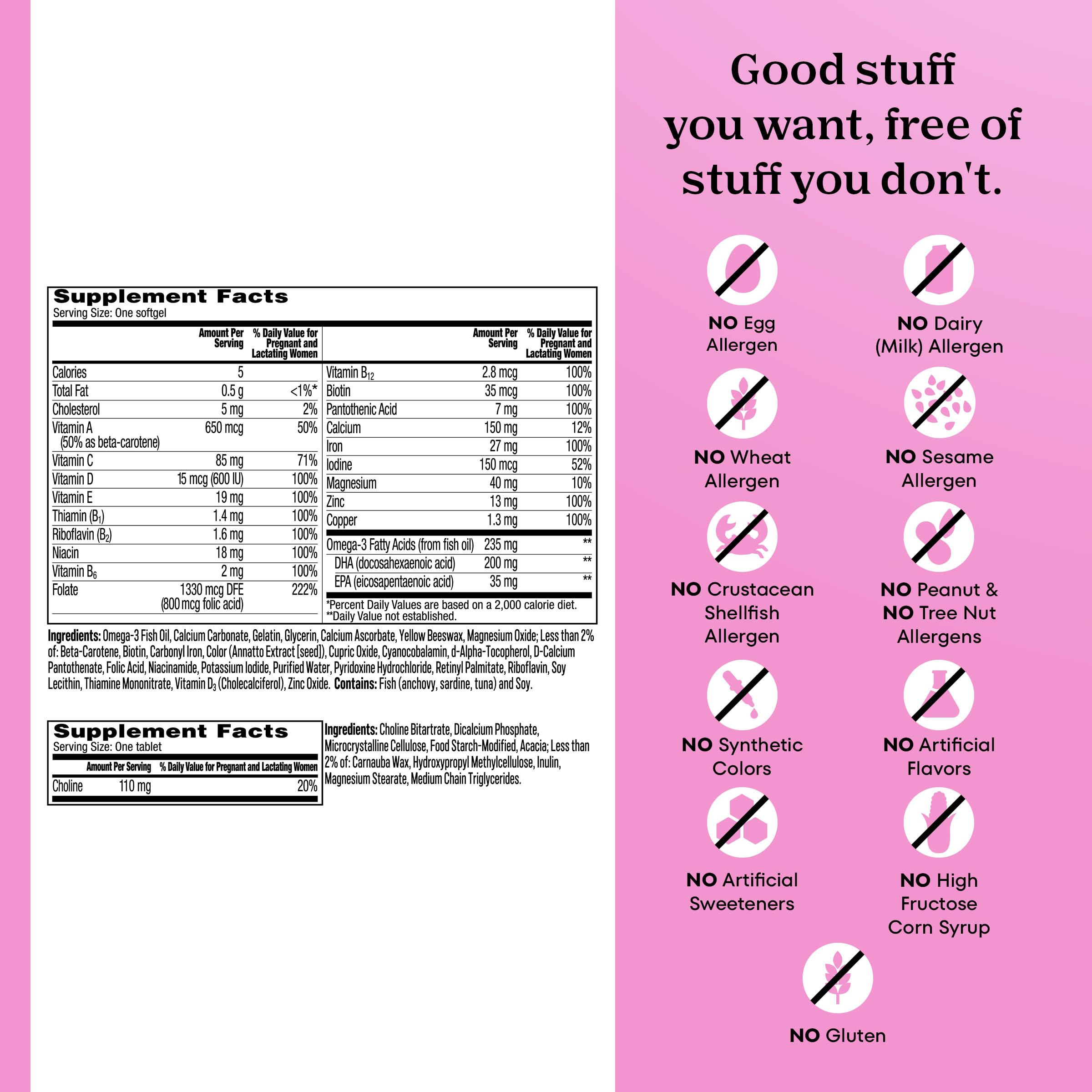 ONE A DAY bottle label focused on ingredient list and allergen-free benefit