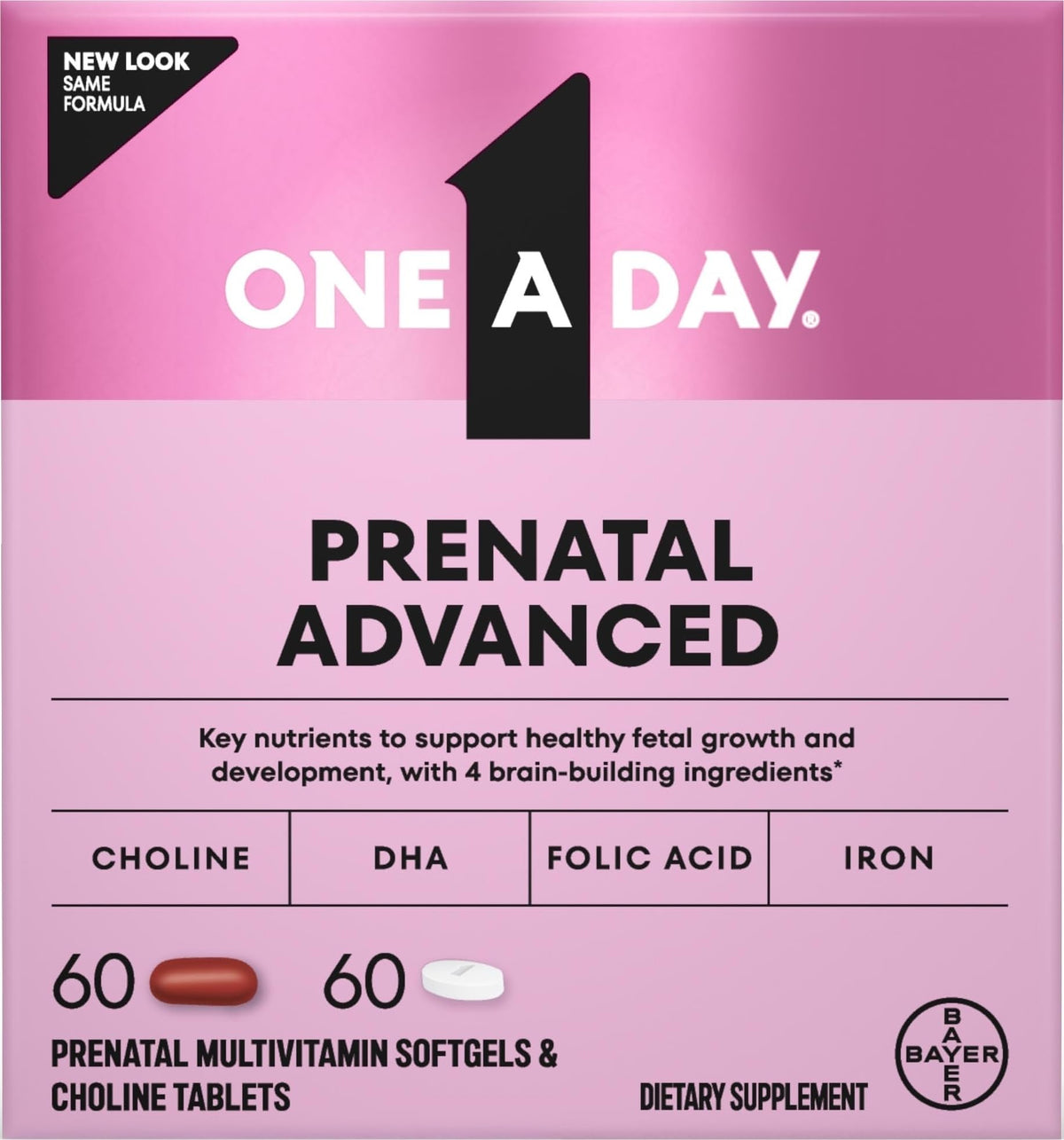 ONE A DAY front packaging showing product and benefit for prenatal nutrition