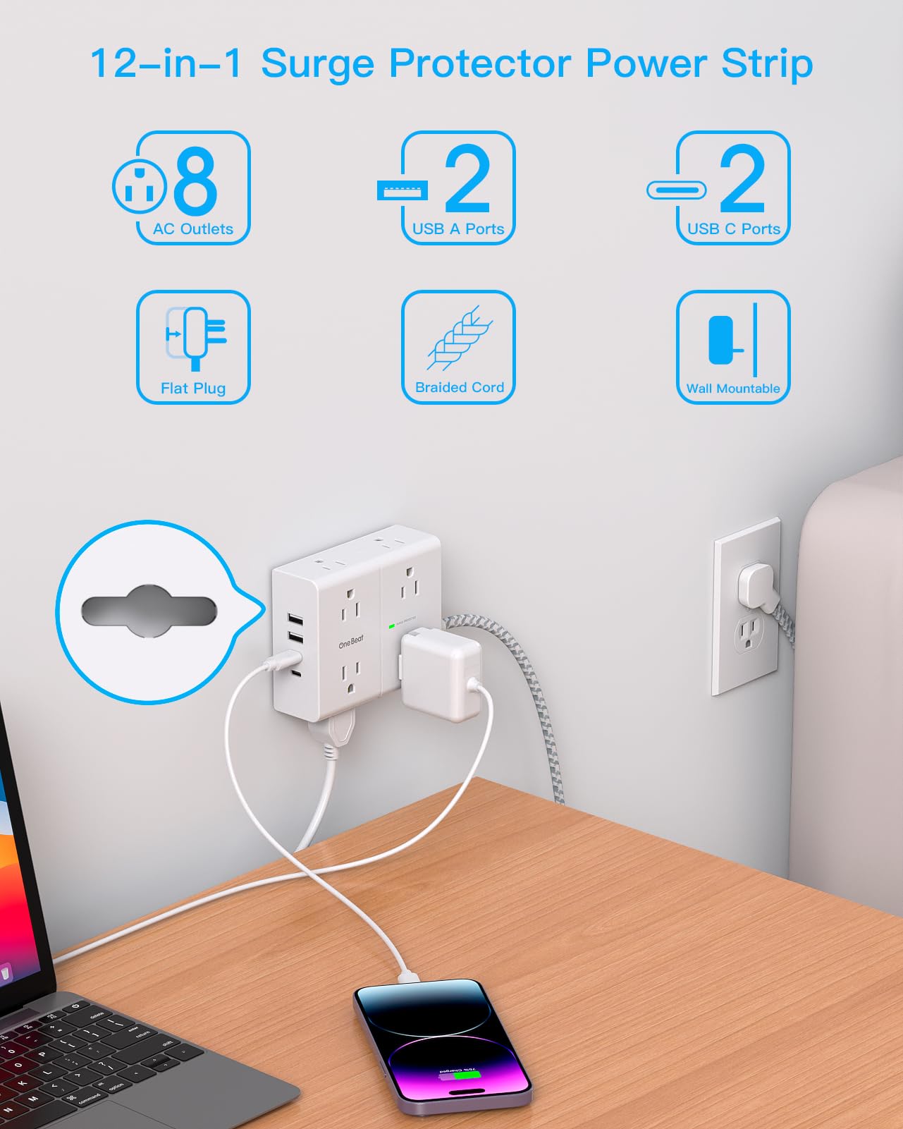 One Beat clavija plana de 0.35 in vista lateral que ahorra espacio detrás de muebles