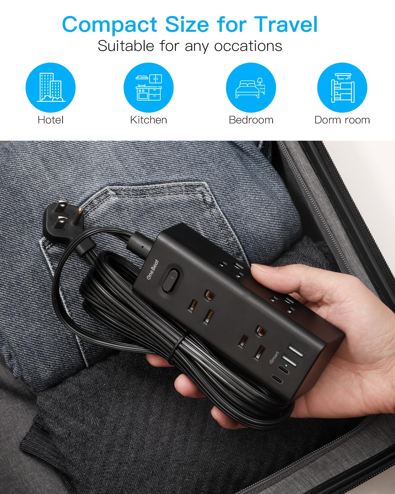 One Beat power strip on a desk powering laptop and phone for neat workspace