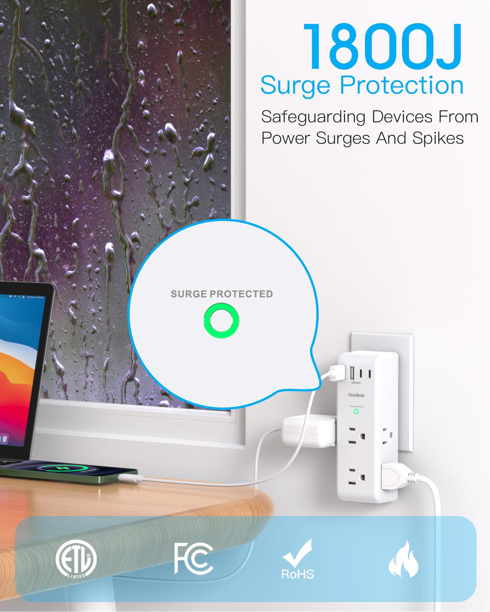 One Beat with large power adapters plugged in showing wide spaced outlets preventing blockage