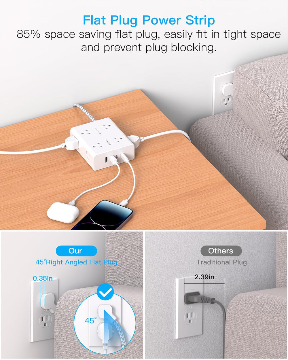 One Beat detalle de puertos USB-C y USB-A optimizados para carga inteligente