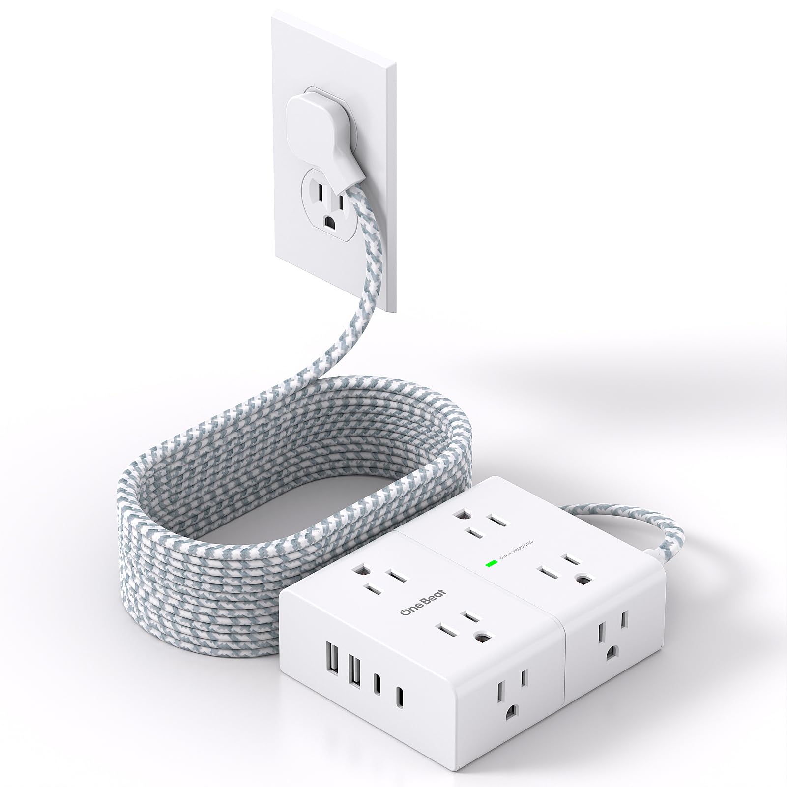 One Beat regleta frontal mostrando 8 enchufes y 4 puertos USB para más dispositivos