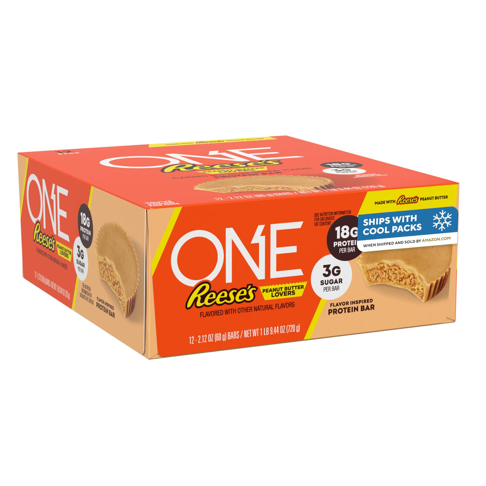 ONE Reese's frente del paquete mostrando caja de 12 unidades y conveniencia