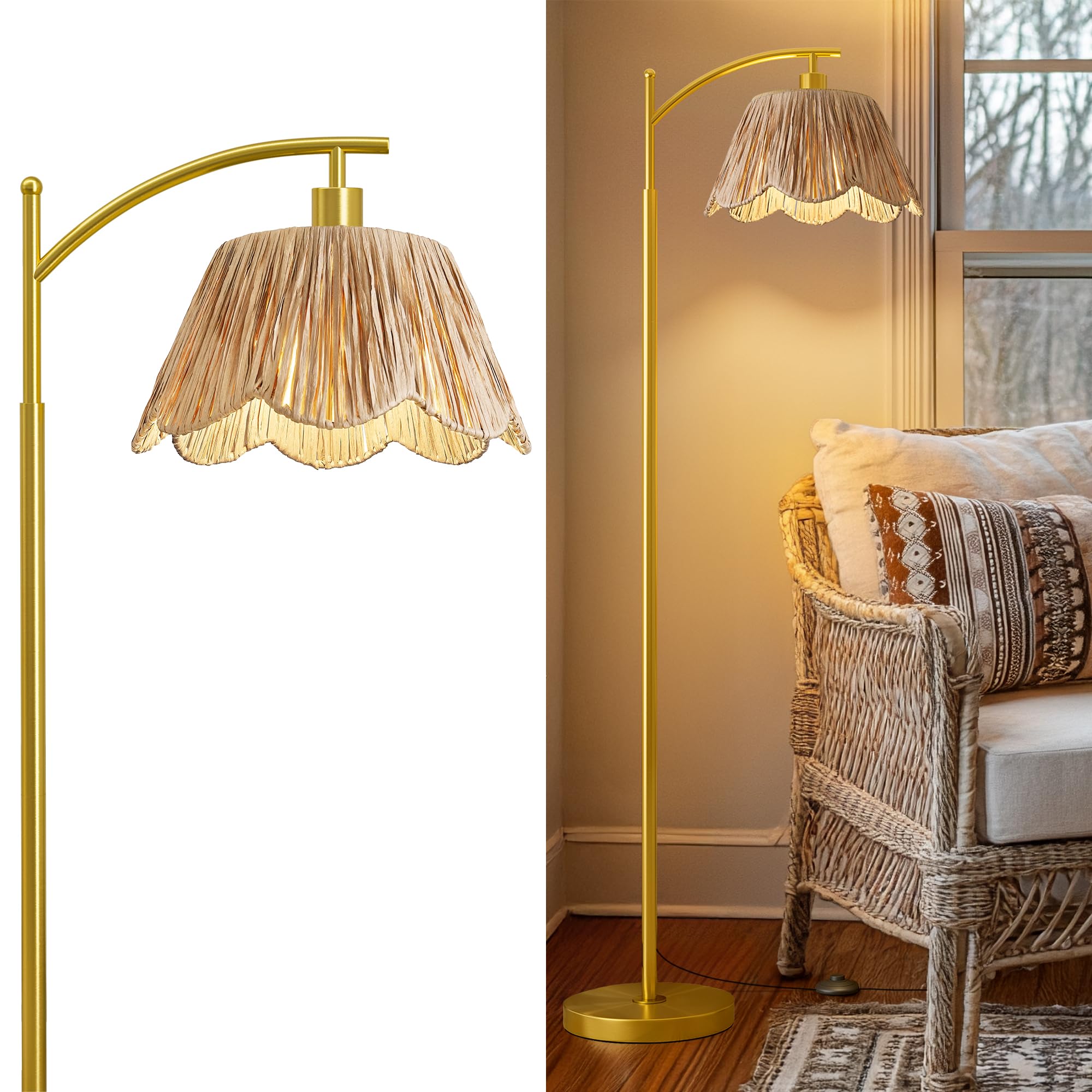 Oneach arc floor lamp front view showing warm ambient glow and boho style