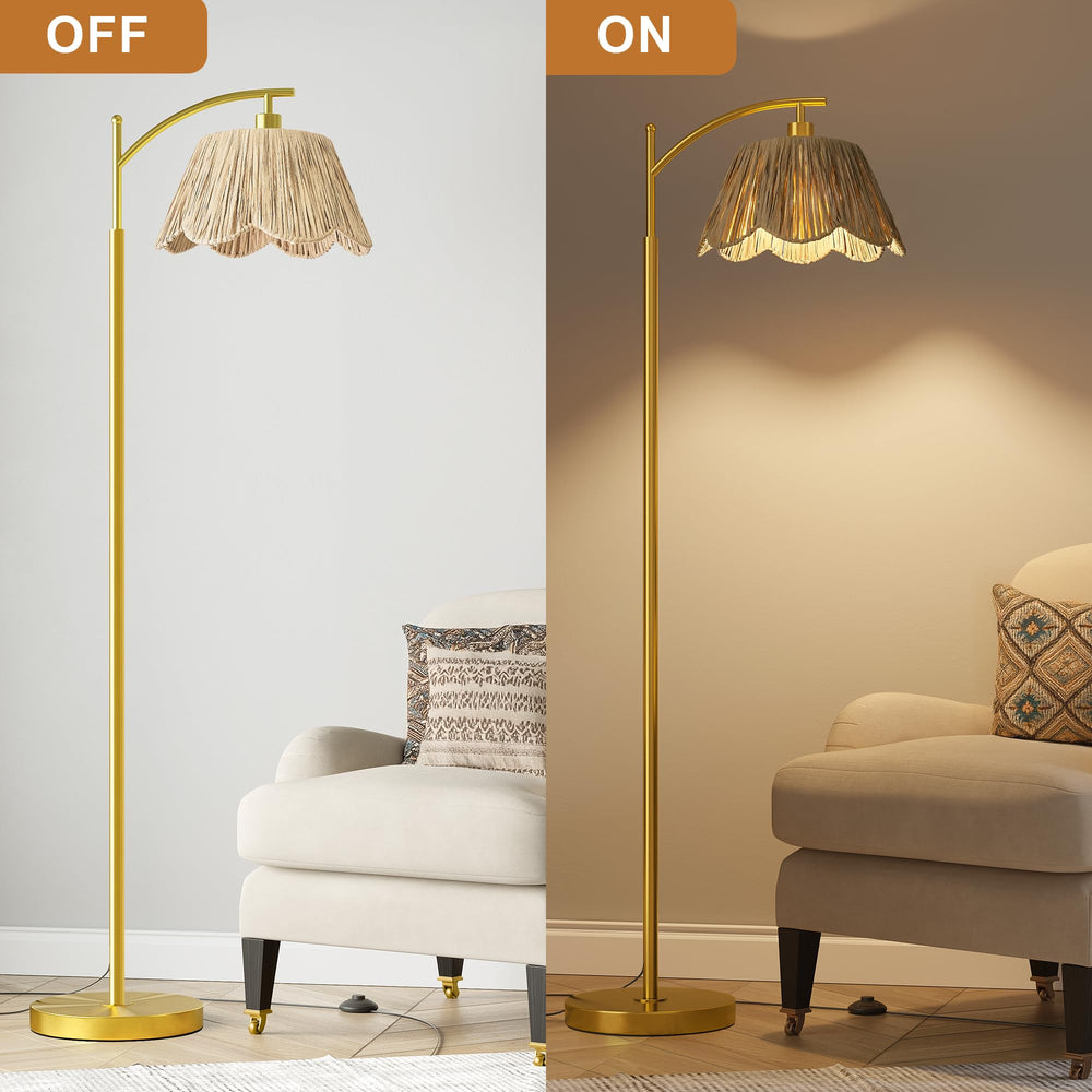 Oneach lamp by sofa in living room creating cozy mood and layered decor benefit
