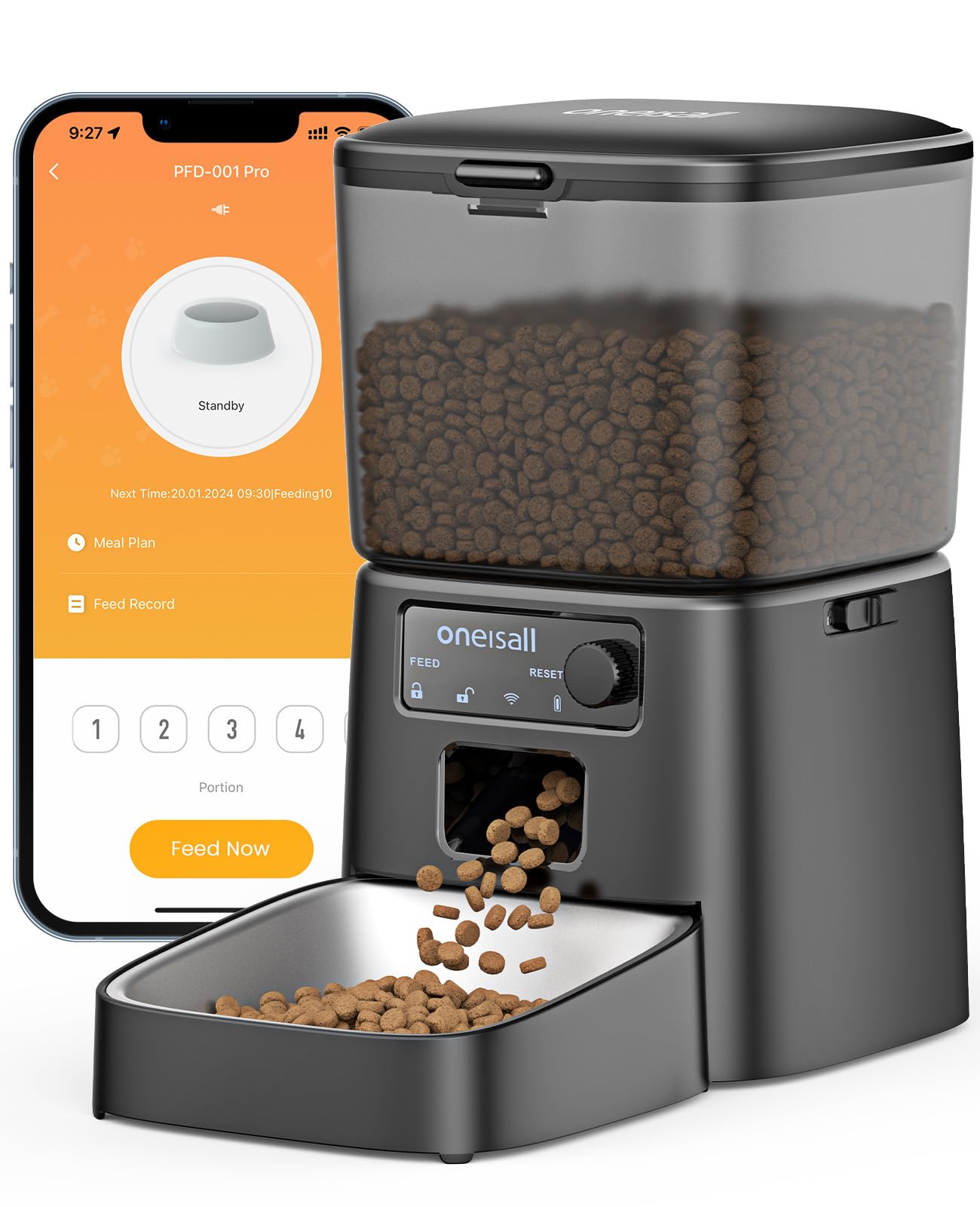 oneisall feeder front view showing sleek dispenser and reliable feeding