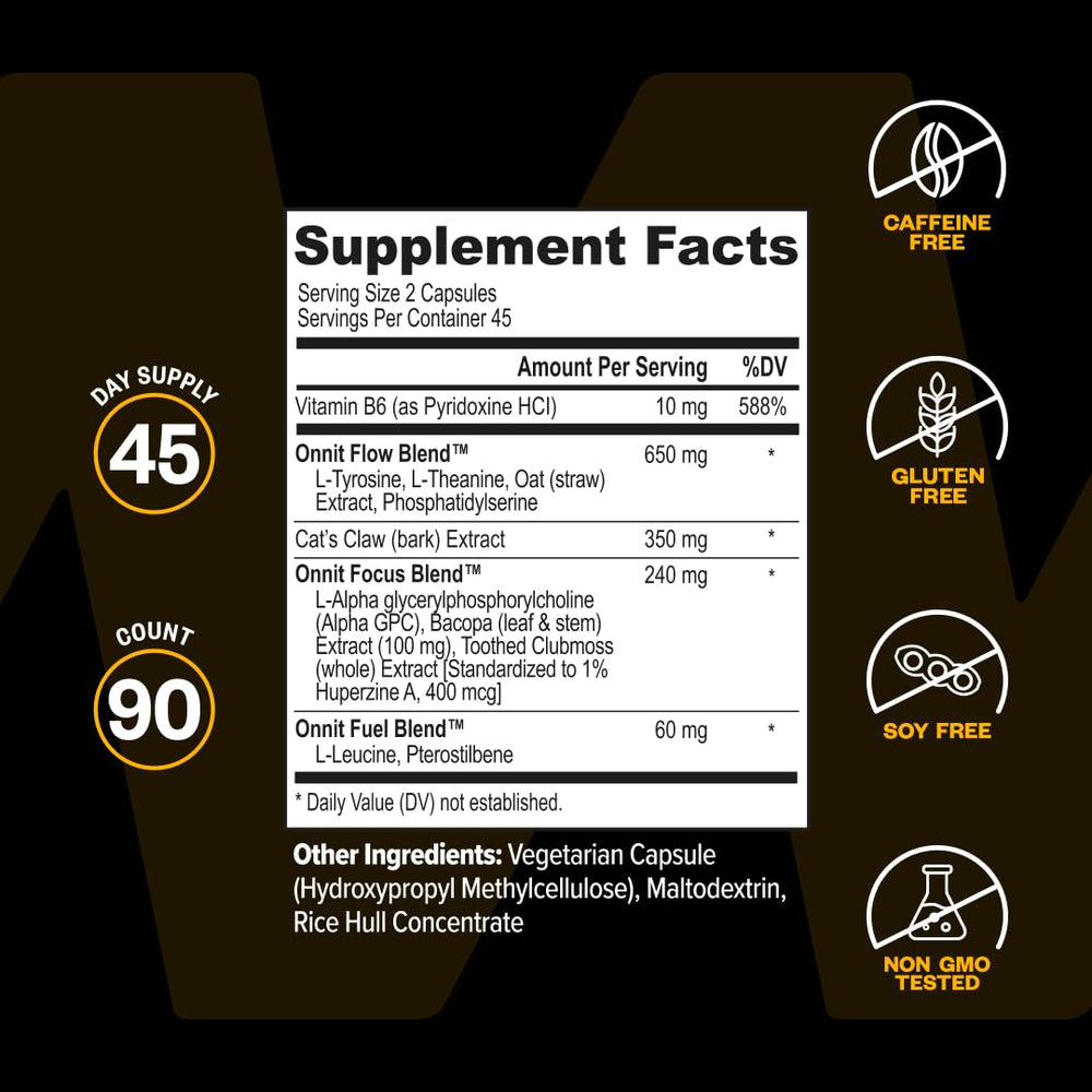 ONNIT Alpha Brain in a tidy workspace conveying focused productive routine