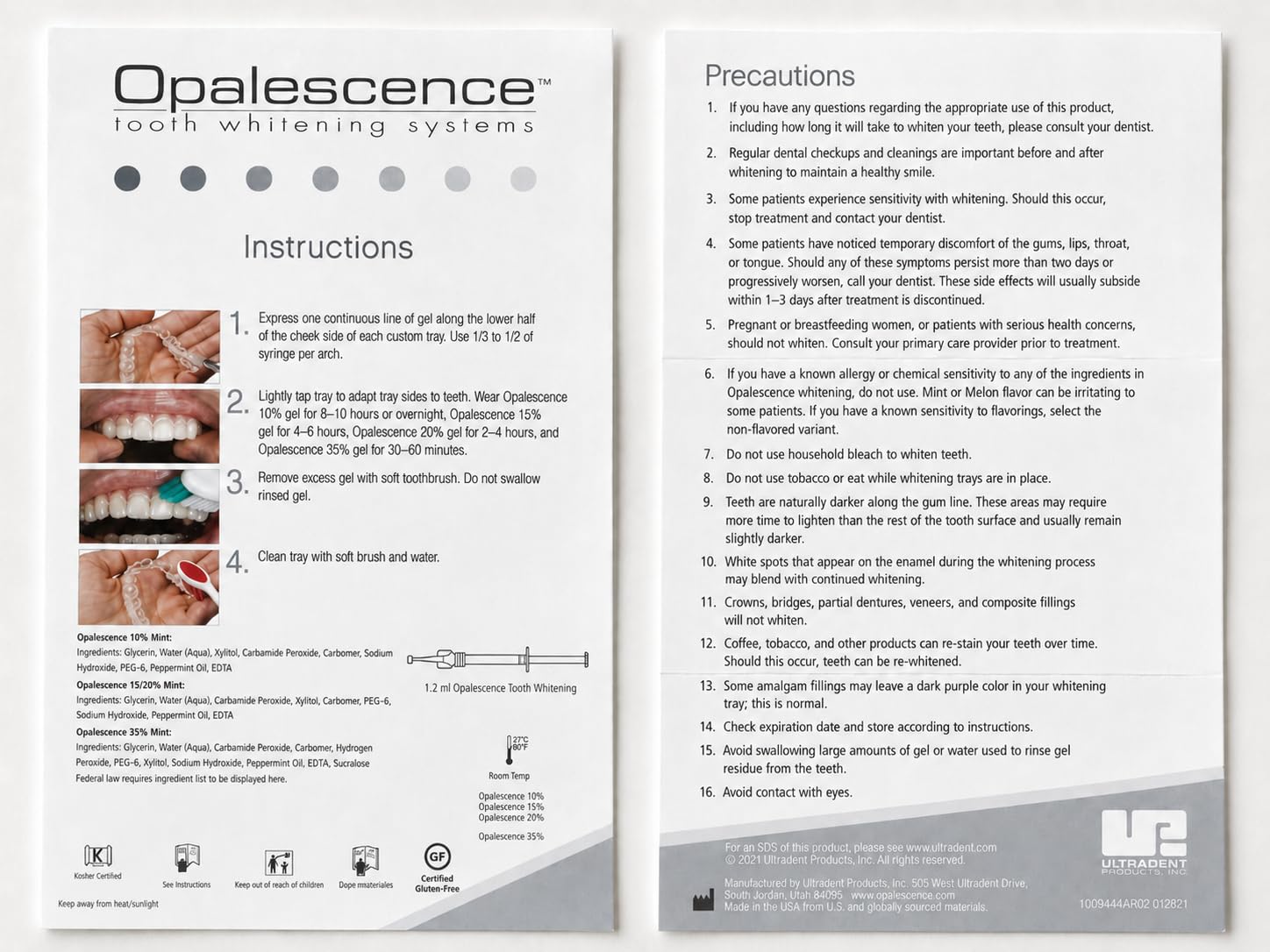 Opalescence lista de ingredientes como potasio, flúor y xilitol para confort