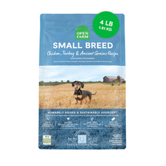 Open Farm empaque frontal de 4 lb mostrando la receta Ancient Grains y beneficios nutricionales