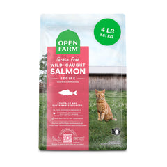 Open Farm bag front view showing wild-caught salmon and grain-free benefits