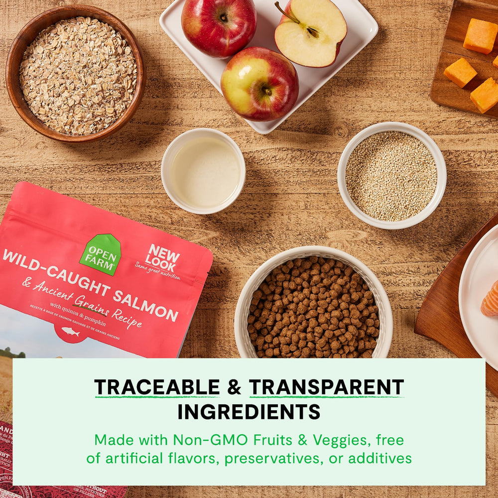 Open Farm label close-up showing traceable ingredient origins