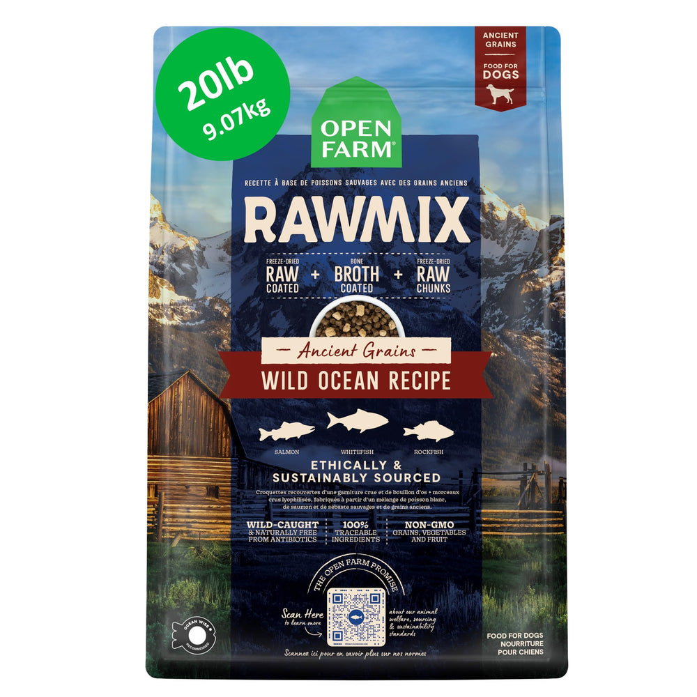 Open Farm frente del paquete 20 lb mostrando la marca y beneficios visibles