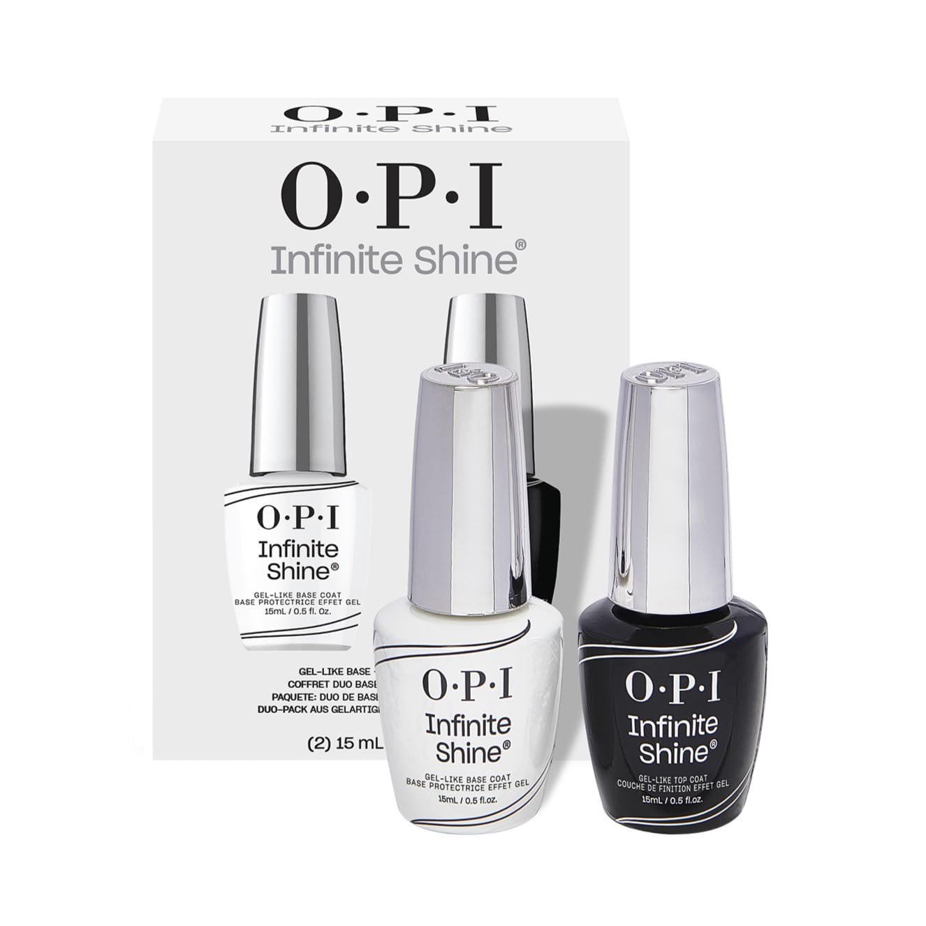 OPI duo pack frontal mostrando base y top coat para acabado profesional