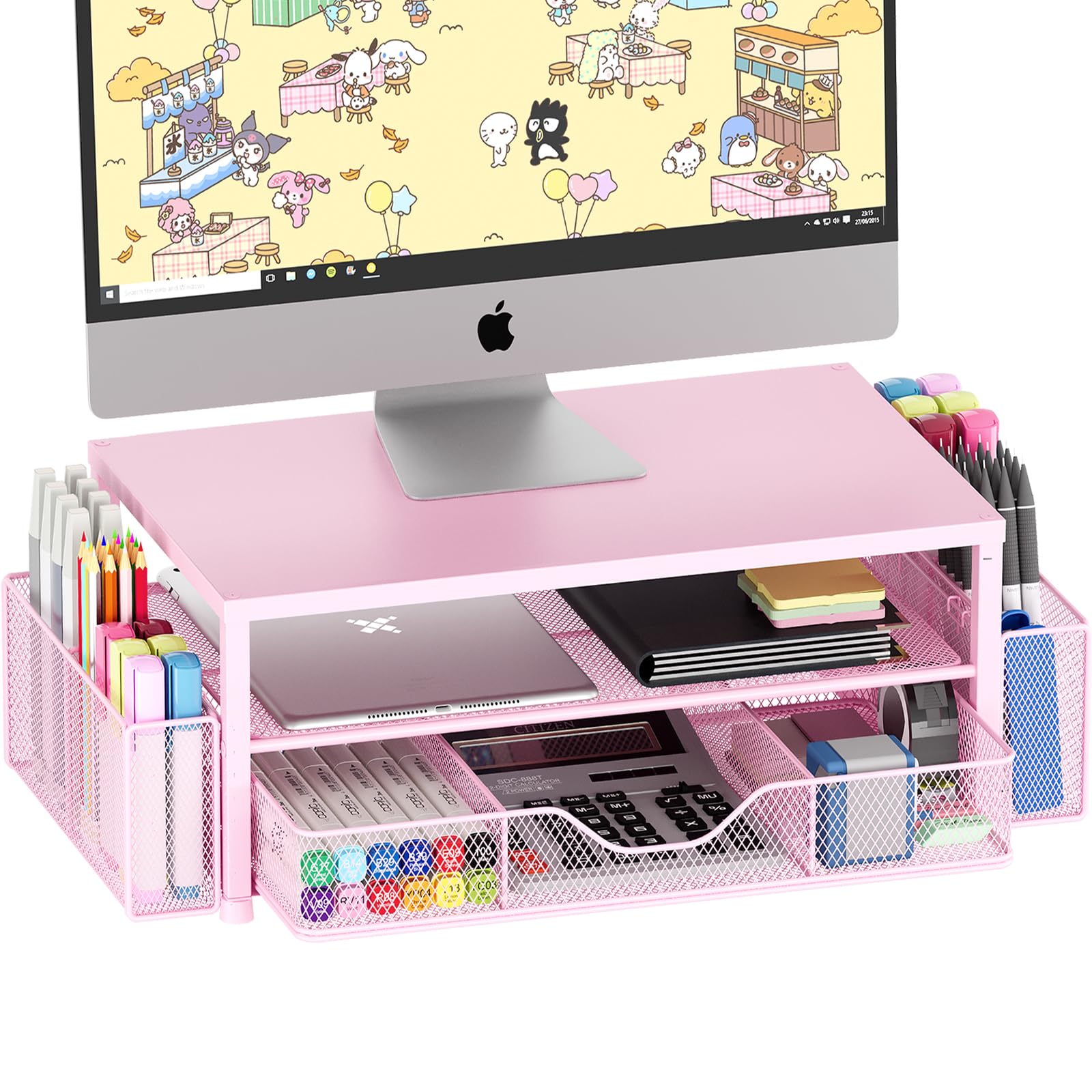 OPNICE front view of pink monitor stand showing clean storage and elevated screen benefit