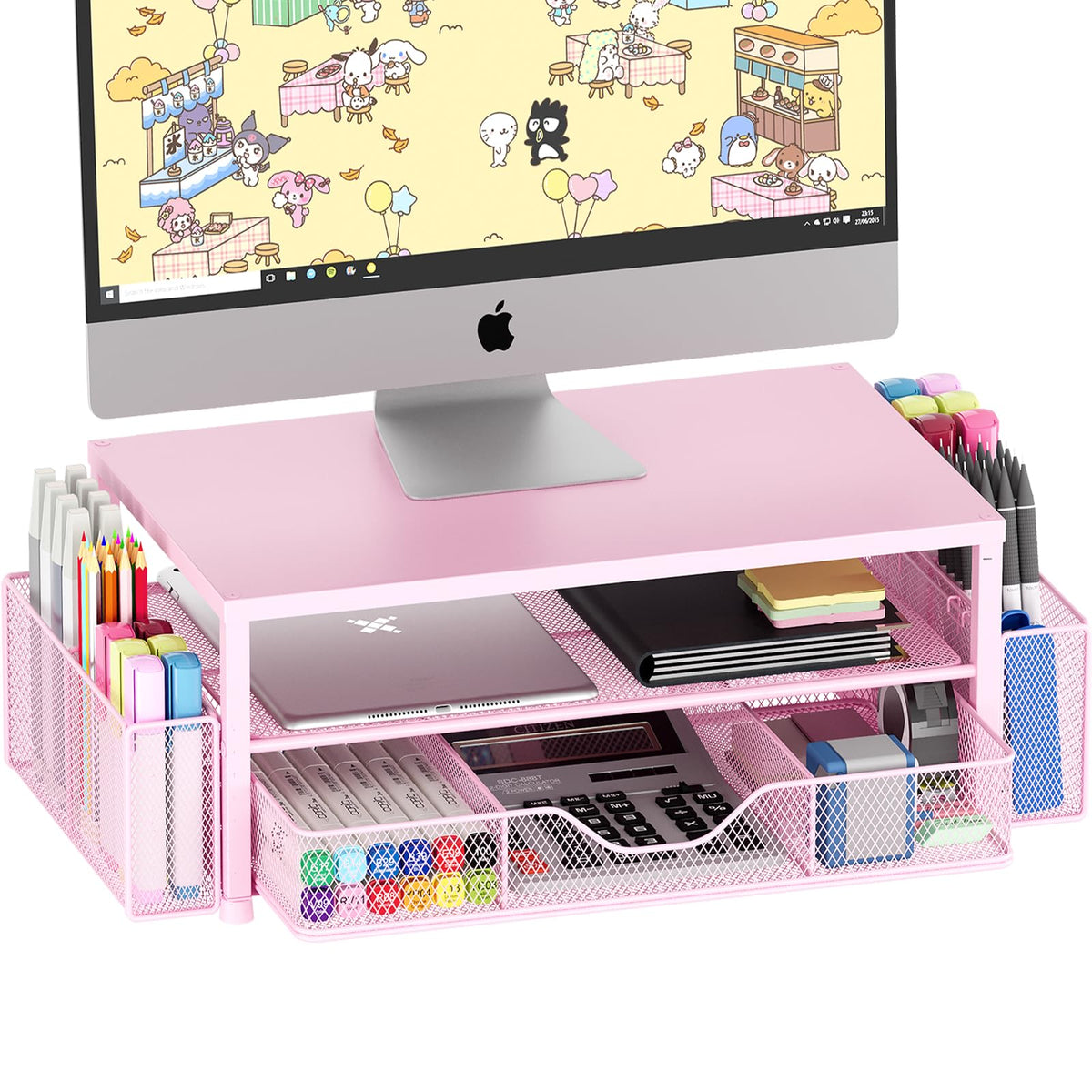 OPNICE front view of pink monitor stand showing clean storage and elevated screen benefit
