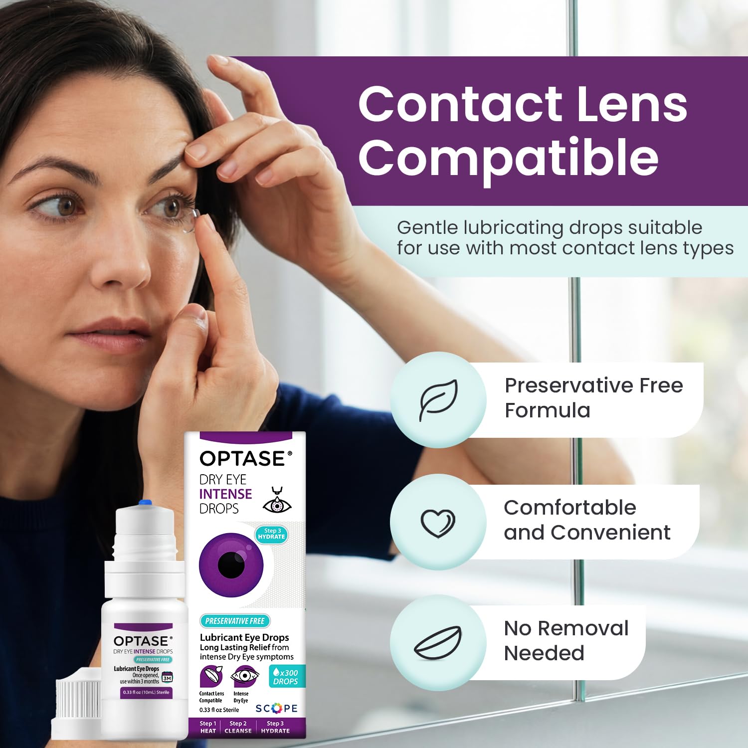 Optase label detail highlighting preservative-free Step 3 Hydrate formula benefit