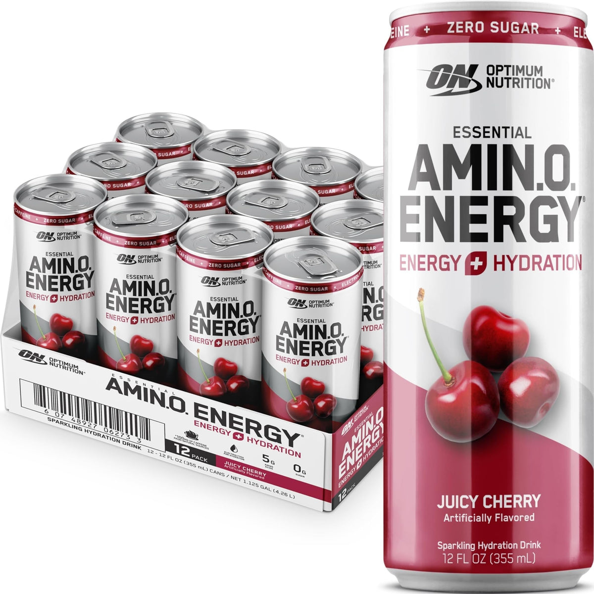 Optimum Nutrition lata frontal Juicy Cherry mostrando beneficio refrescante
