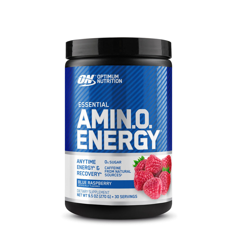 Optimum Nutrition envase frontal Blue Raspberry mostrando etiqueta y beneficios