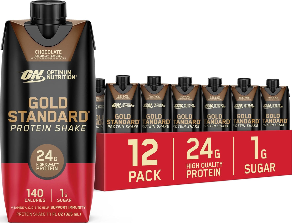 Optimum Nutrition botella frontal sabor chocolate mostrando envase y conveniencia