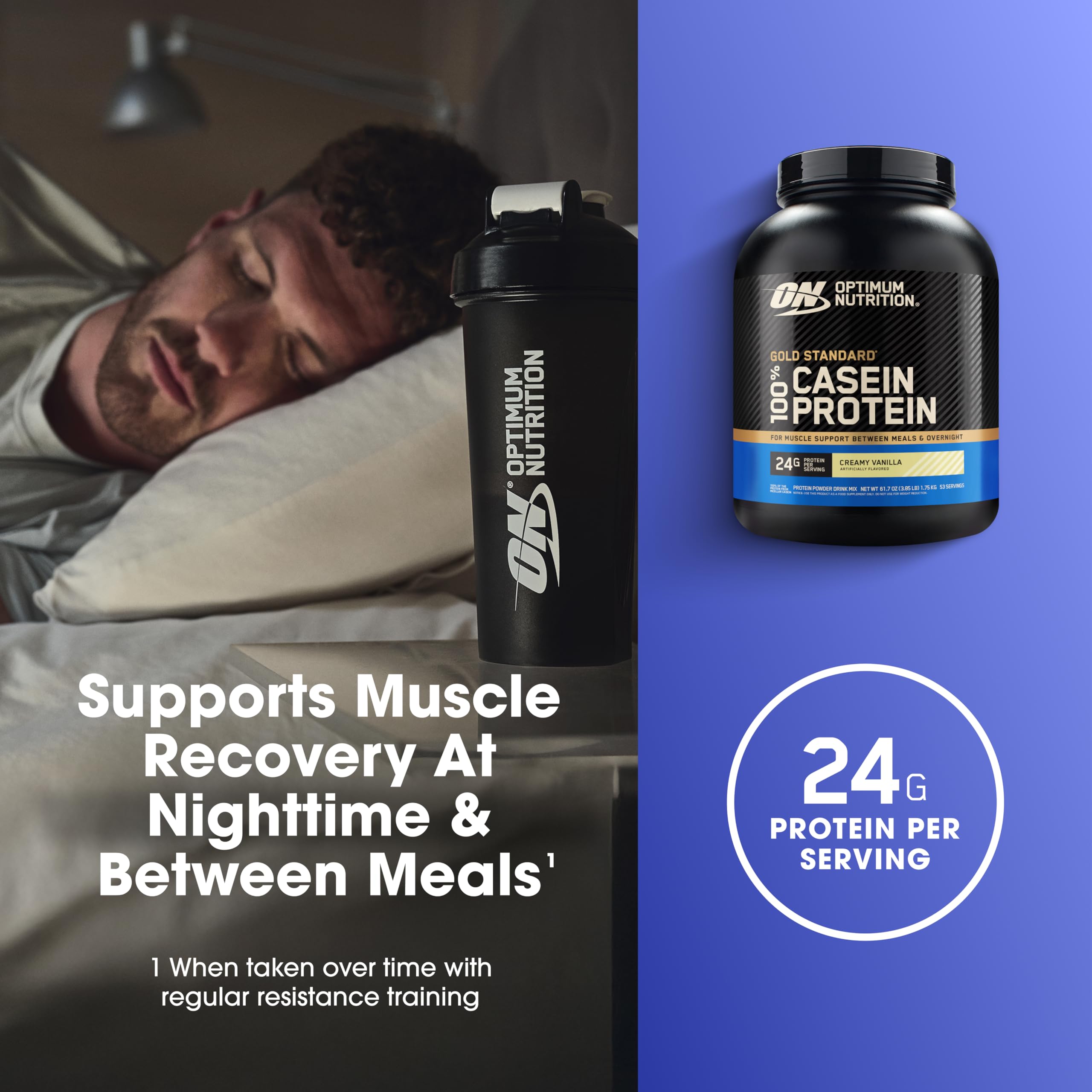 Optimum Nutrition envase junto a una regla para mostrar el tamaño real