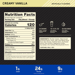 Optimum Nutrition polvo en cucharada destacando su textura fina y mezcla fácil