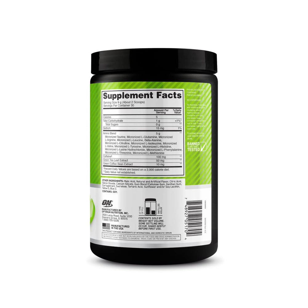 Optimum Nutrition junto a hojas de té verde y granos de café verde natural