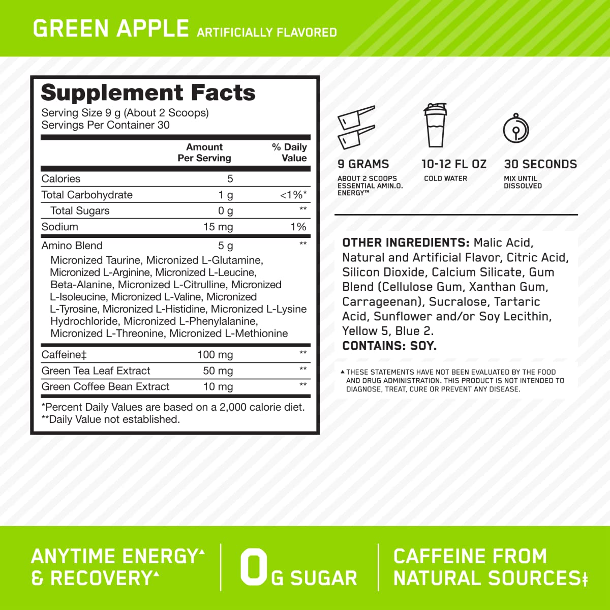Optimum Nutrition etiqueta con ingredientes y 100 mg de cafeína por servicio visible