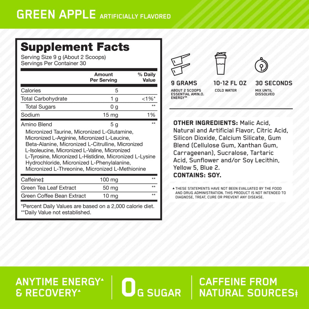 Optimum Nutrition etiqueta con ingredientes y 100 mg de cafeína por servicio visible