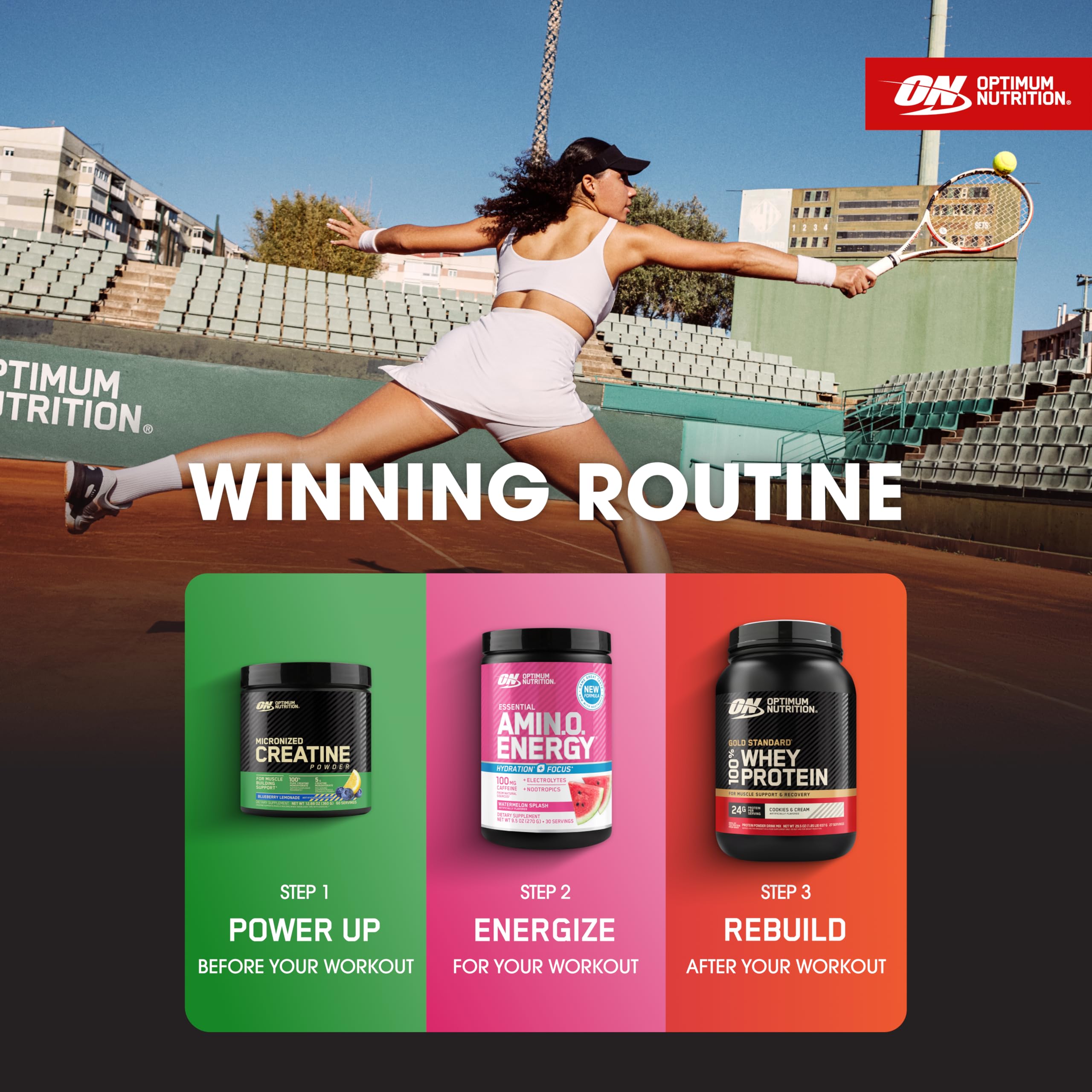 Optimum Nutrition empaque lateral con ingredientes e indicaciones para uso diario
