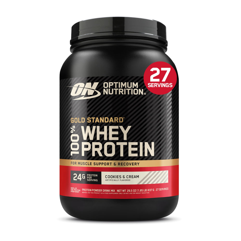 Optimum Nutrition envase frontal mostrando sabor Cookies & Cream y beneficio de proteína rápida