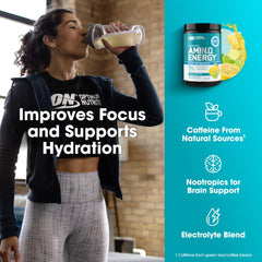 Optimum Nutrition etiqueta con ingredientes y mezcla 3 en 1 visible