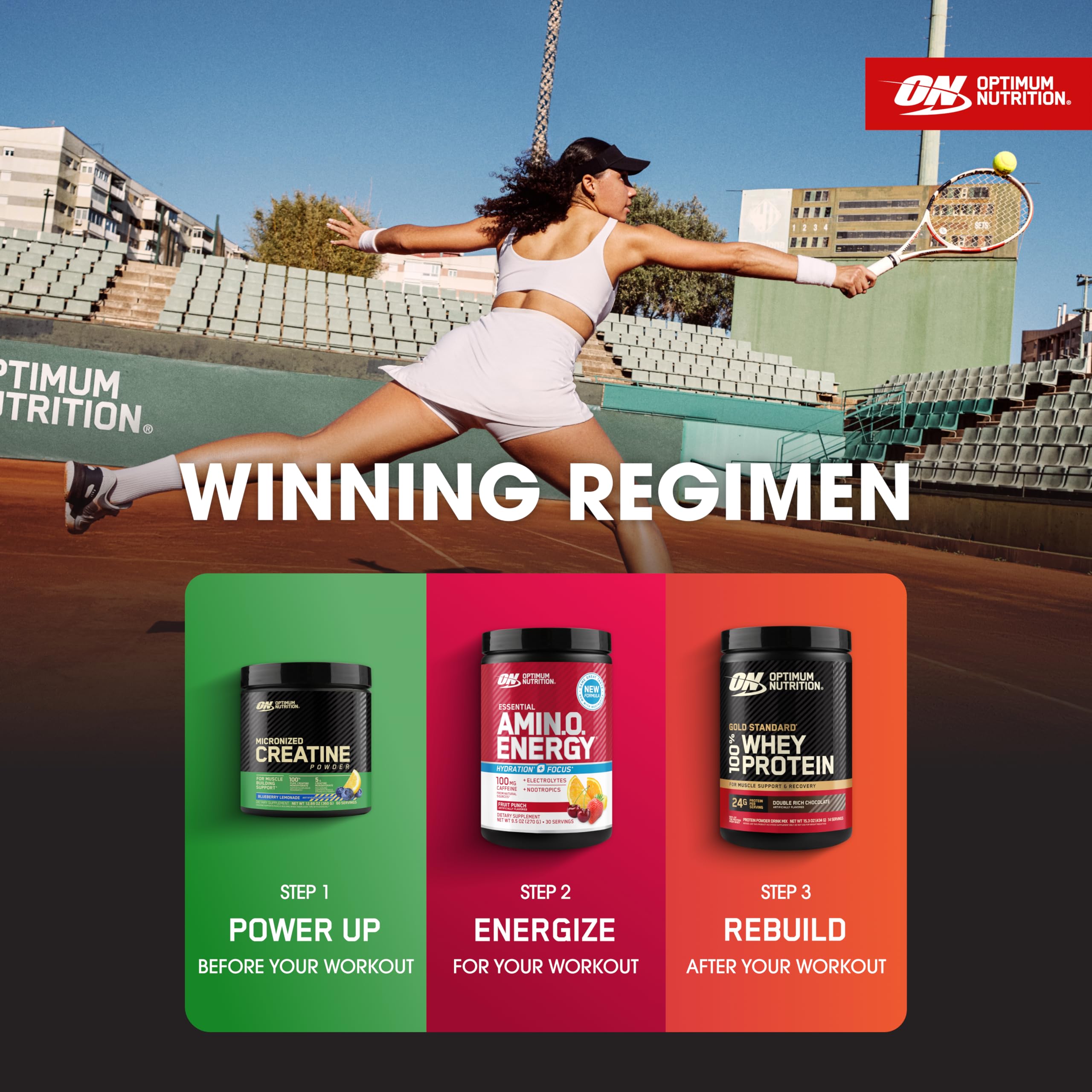 Optimum Nutrition en actividad al aire libre resaltando energía y enfoque
