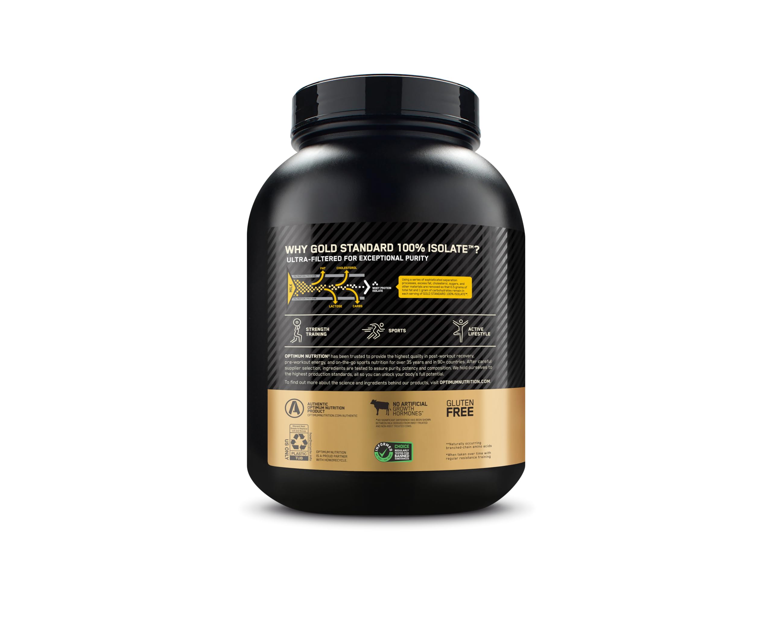 Optimum Nutrition bote junto a botella en gimnasio para uso post-entreno
