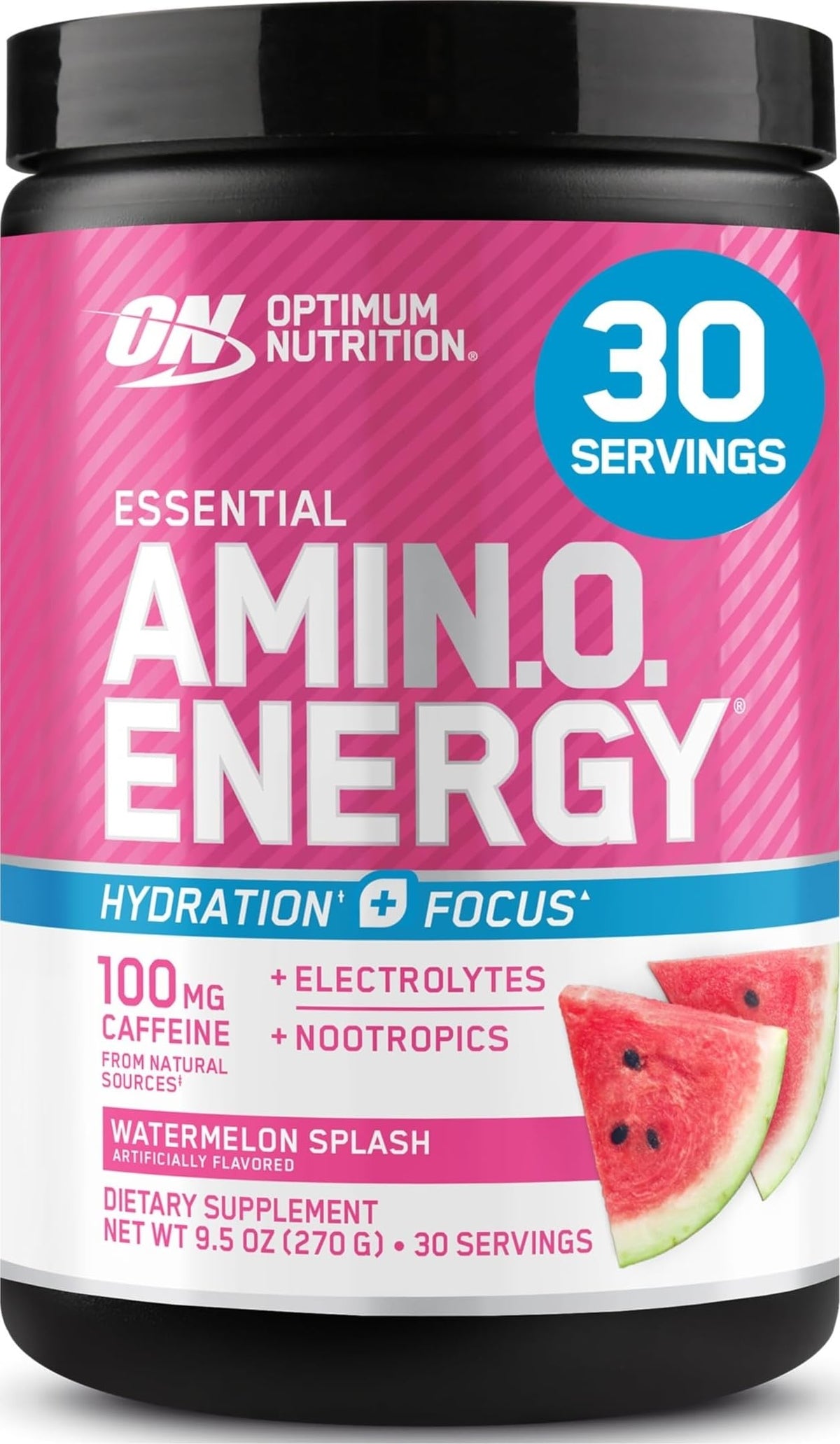 Optimum Nutrition frasco frontal mostrando diseño y sabor sandía
