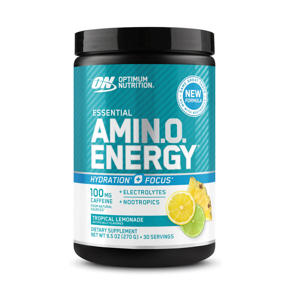 Optimum Nutrition envase frontal mostrando sabor Tropical Lemonade y beneficios