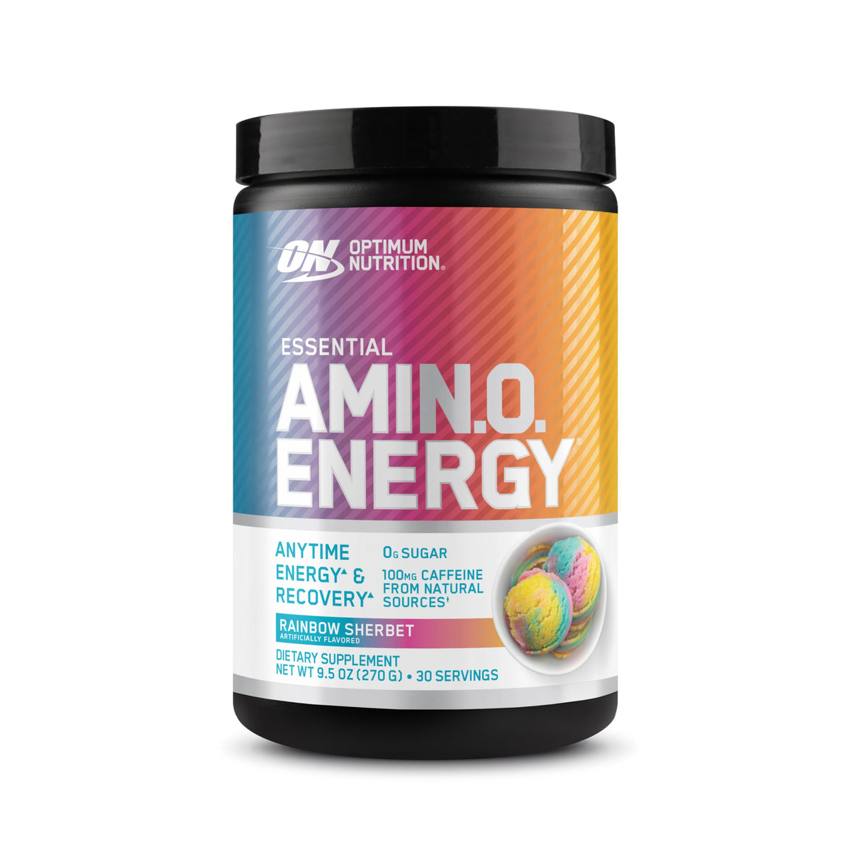 Optimum Nutrition frente del envase mostrando sabor Rainbow Sherbet y beneficios