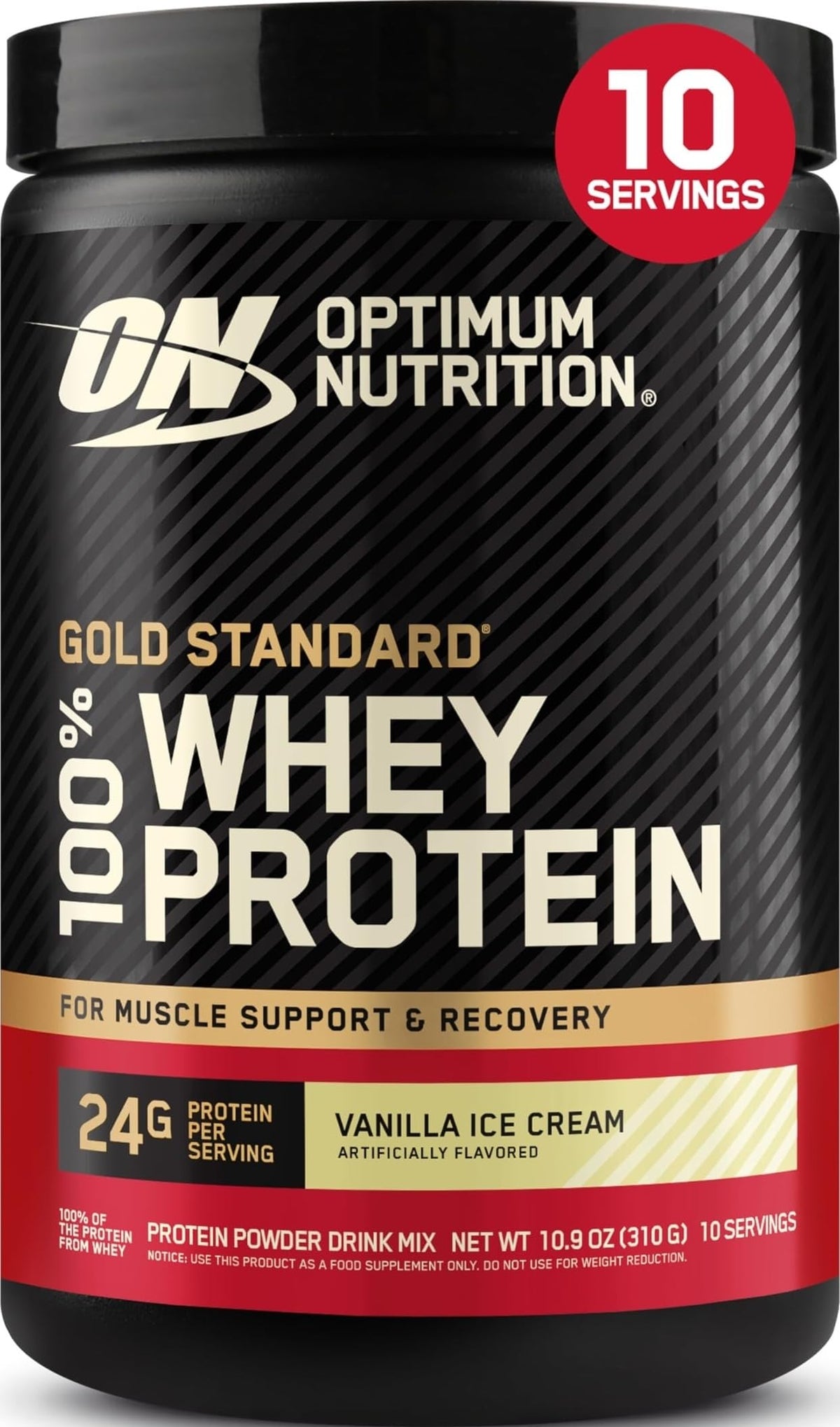 Optimum Nutrition frente del envase mostrando marca y tamaño, confianza visual