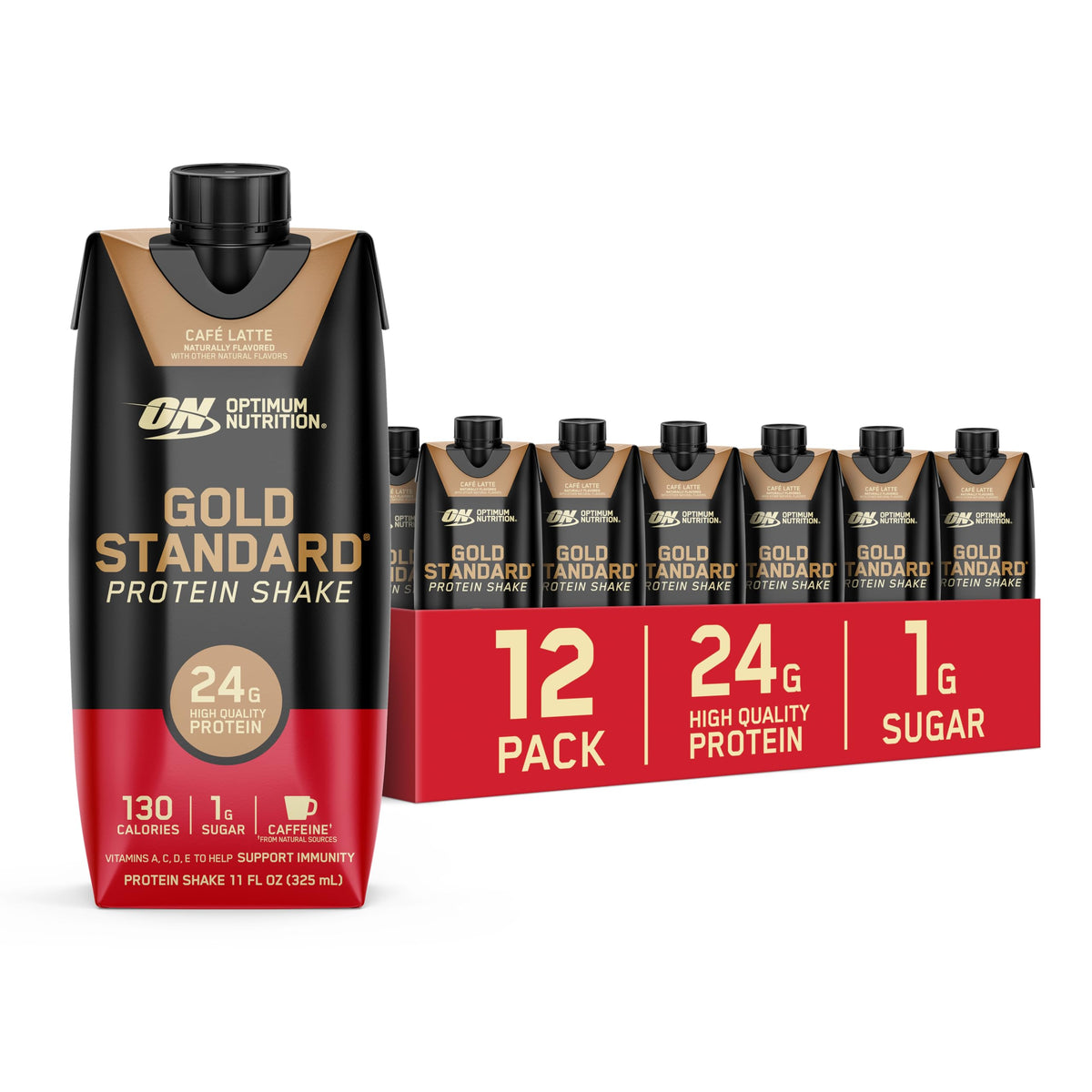 Optimum Nutrition vista frontal pack 12 mostrando sabor Café Latte y conveniencia