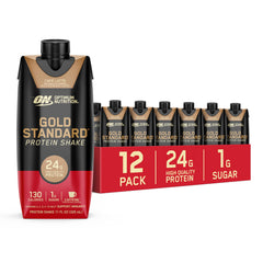 Optimum Nutrition vista frontal pack 12 mostrando sabor Café Latte y conveniencia