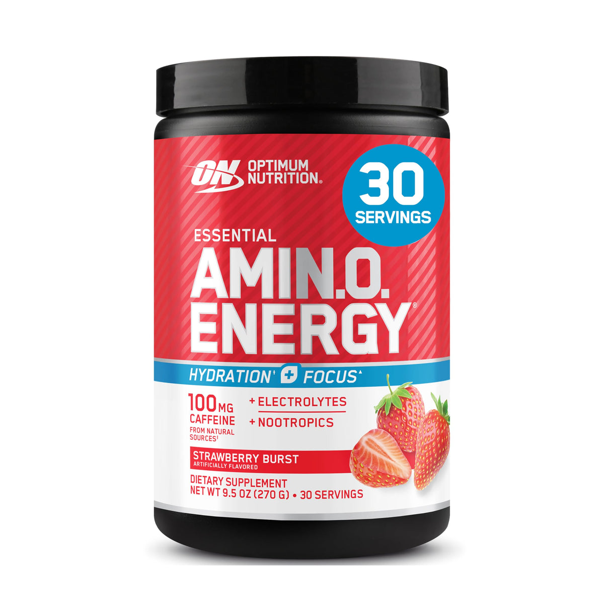 Optimum Nutrition frontal del envase fresa mostrando la presentación y beneficios